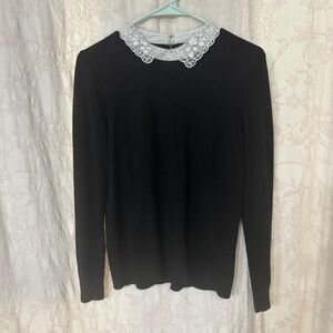 Cable and Gauge Woman’s Lace Round Neck Long Sleeve Pullover Sweater Black M